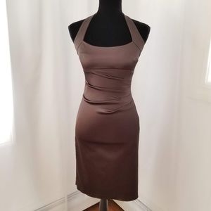 Brown Ruched Halter Cocktail Dress